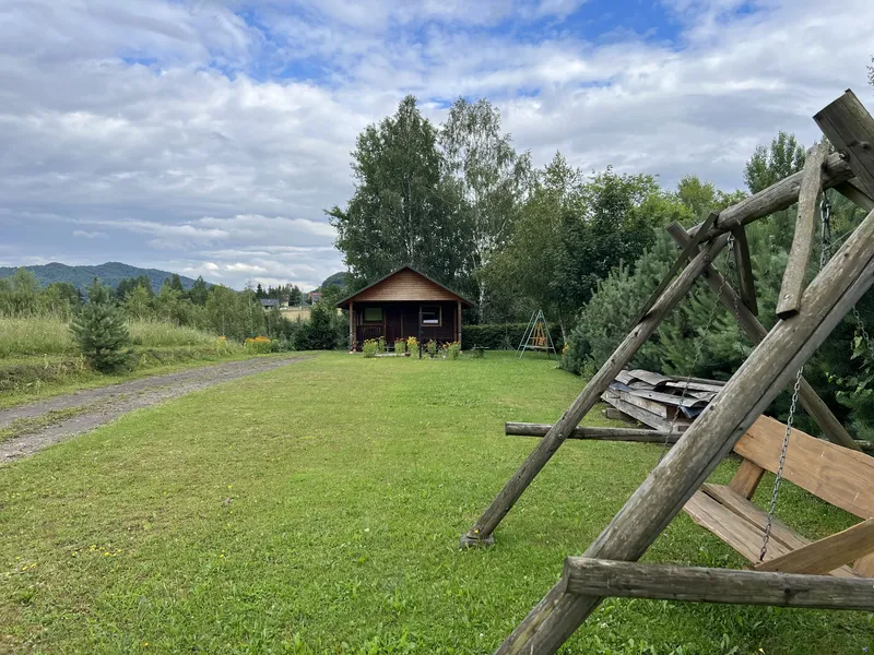 domek z huśtawką i zieloną polaną